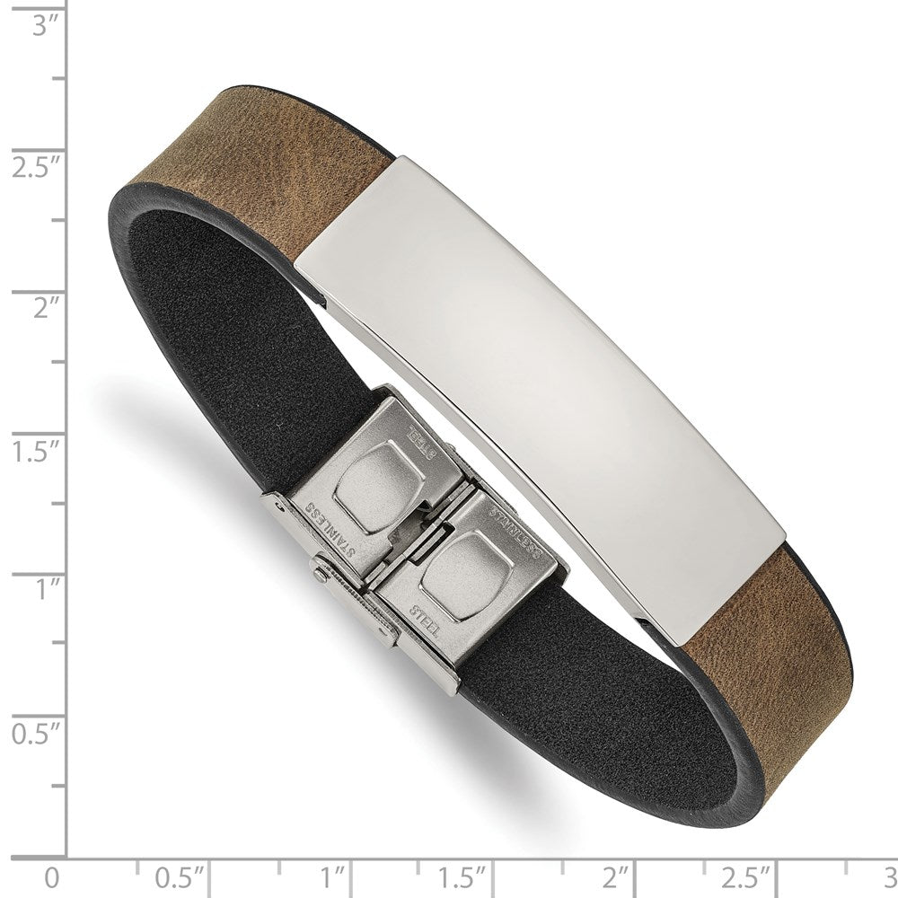 Alternate view of the 13.5mm Stainless Steel Lt. Brown/Black Leather I.D. Bracelet, 8.25 In by The Black Bow Jewelry Co.