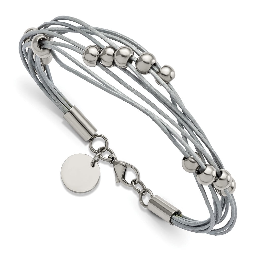 Multi Strand Gray Leather Stainless Steel Bead Bracelet, 8 Inch, Item B18553-GRY by The Black Bow Jewelry Co.