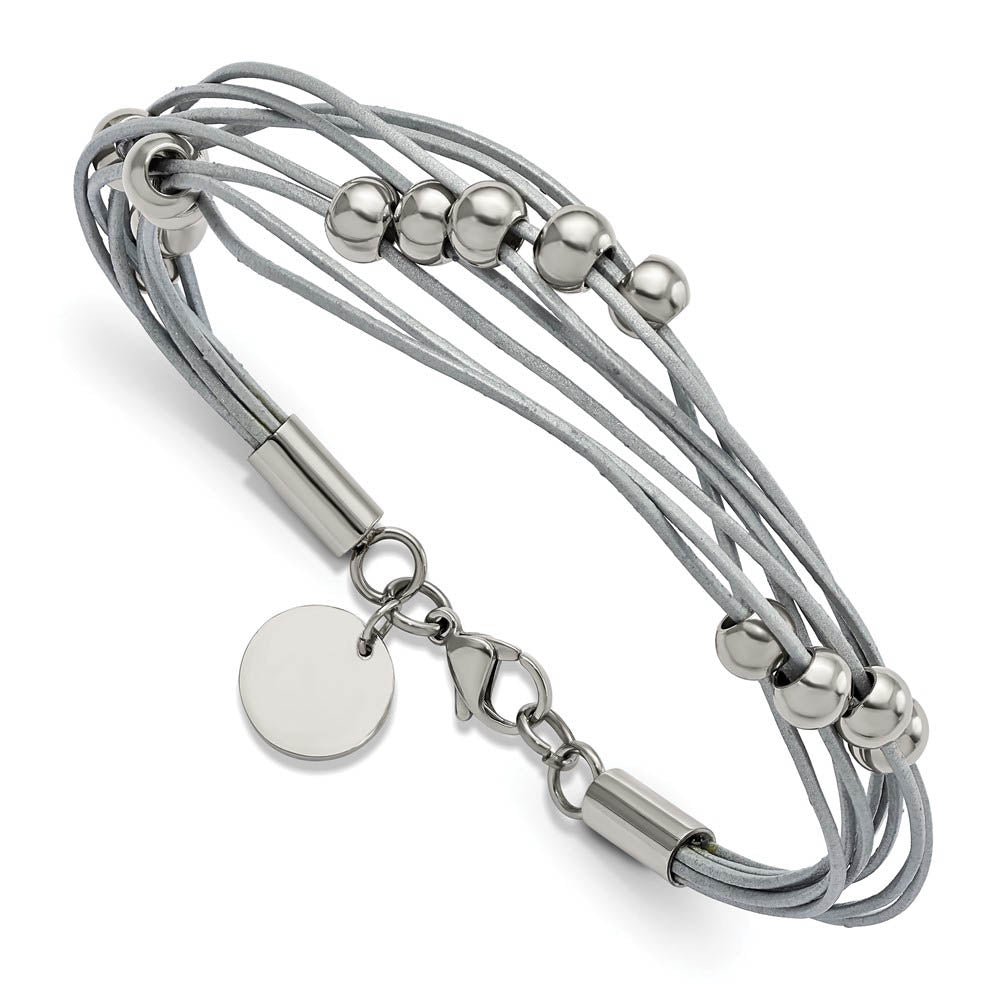 Multi Strand Gray Leather Stainless Steel Bead Bracelet, 8 In, Item B18553 by The Black Bow Jewelry Co.