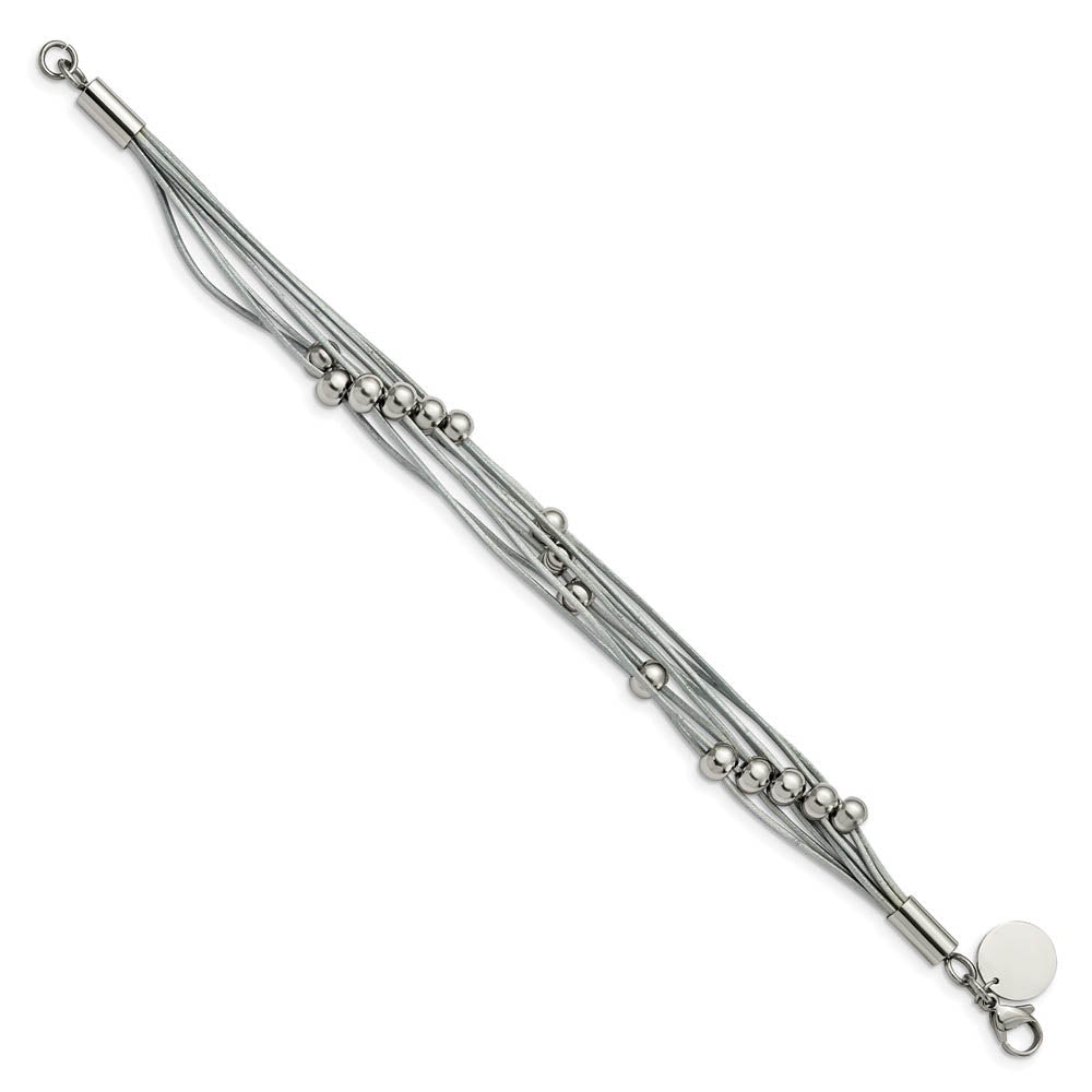 Alternate view of the Multi Strand Pink or Gray Leather Stainless Steel Bead Bracelet, 8 In by The Black Bow Jewelry Co.