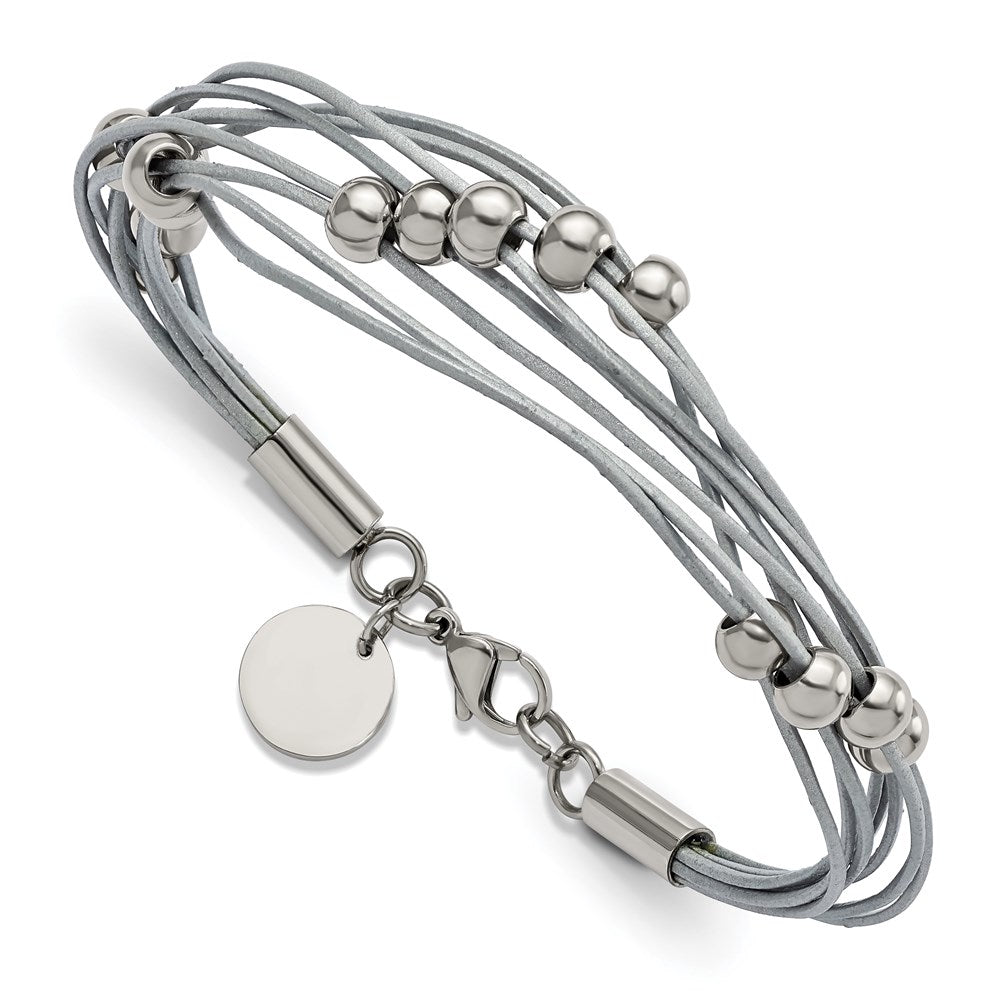 Alternate view of the Multi Strand Gray Leather Stainless Steel Bead Bracelet, 8 Inch by The Black Bow Jewelry Co.