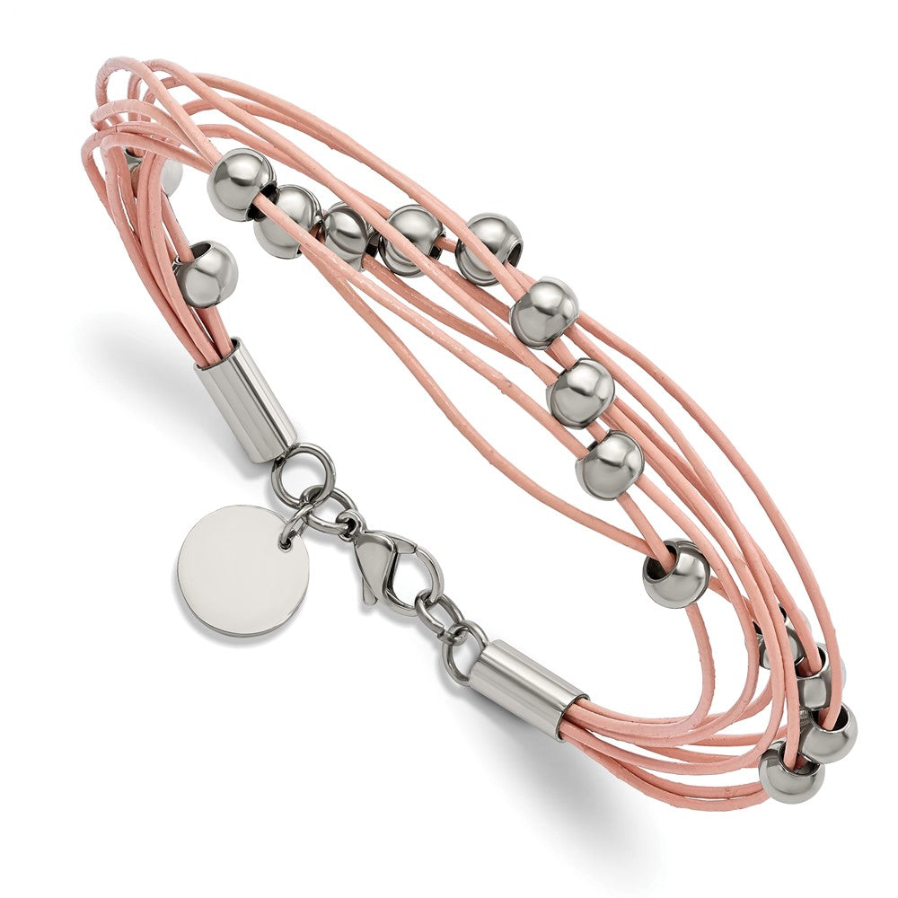 Alternate view of the Multi Strand Pink or Gray Leather Stainless Steel Bead Bracelet, 8 In by The Black Bow Jewelry Co.