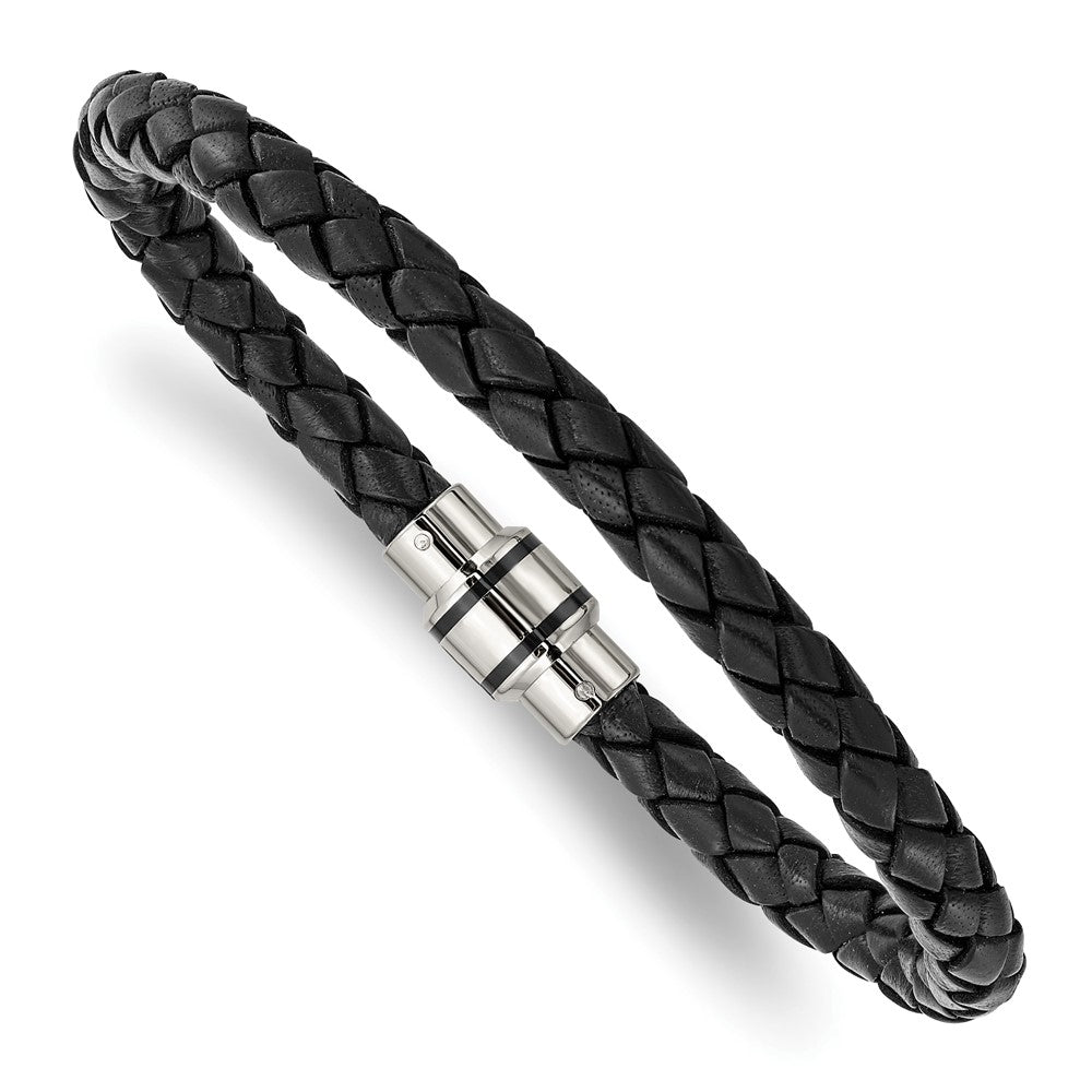 Stainless Steel Black or Black/Orange Leather 7mm Woven Bracelet, 9 In, Item B18554 by The Black Bow Jewelry Co.