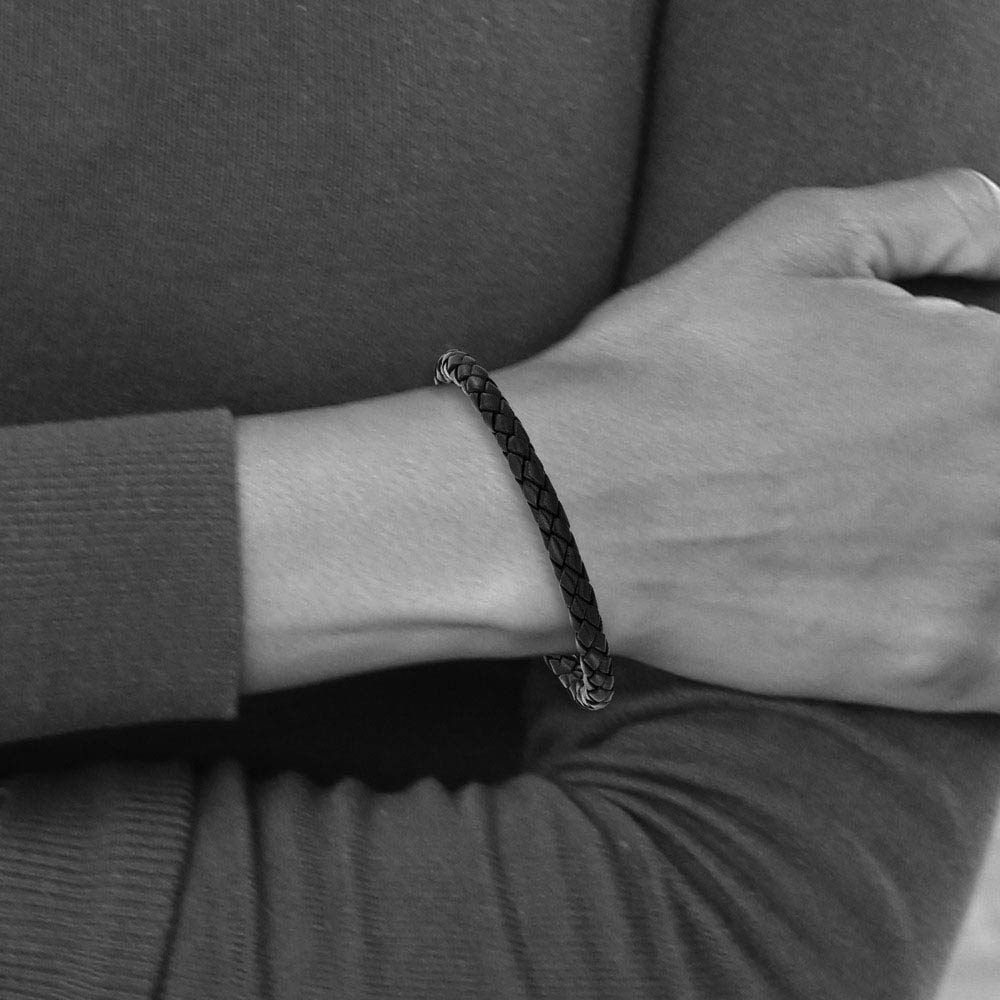 Alternate view of the Stainless Steel Black or Black/Orange Leather 7mm Woven Bracelet, 9 In by The Black Bow Jewelry Co.