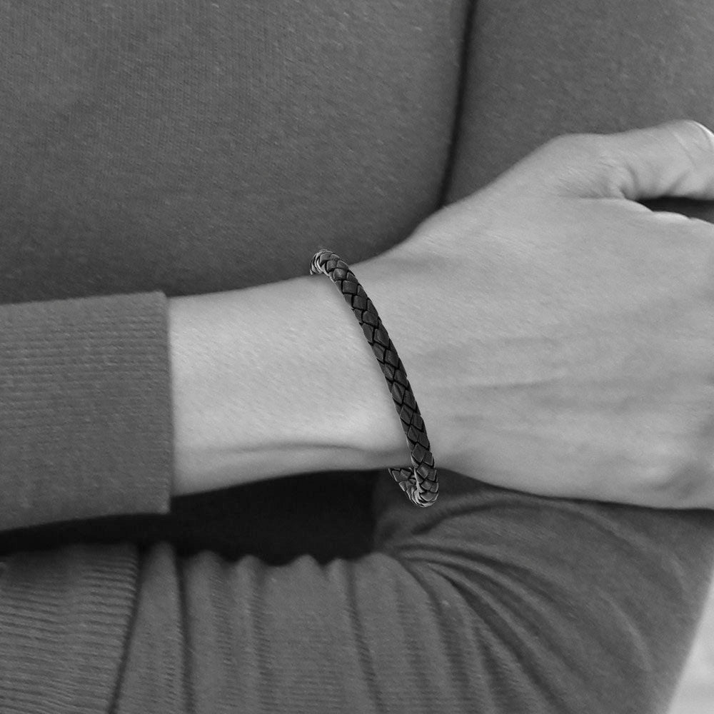 Alternate view of the Stainless Steel, Black Leather 7mm Woven Cord Bracelet, 9 Inch by The Black Bow Jewelry Co.
