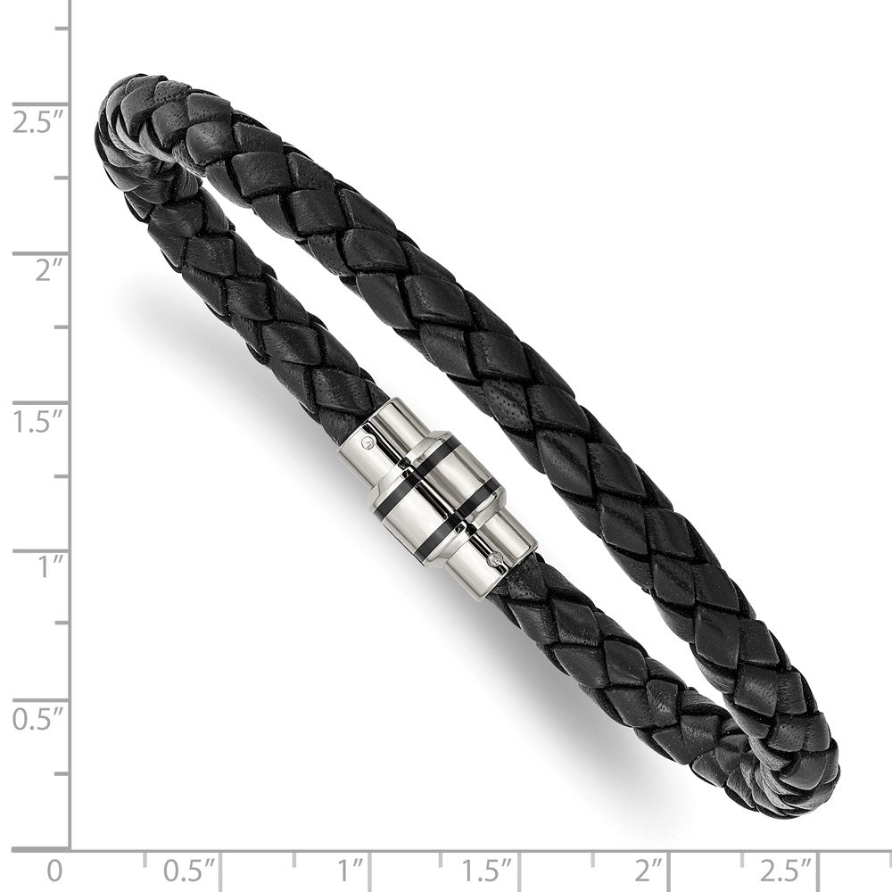 Alternate view of the Stainless Steel, Black Leather 7mm Woven Cord Bracelet, 9 Inch by The Black Bow Jewelry Co.