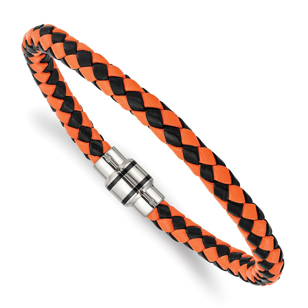Stainless Steel, Orange &amp; Black Leather 7mm Woven Cord Bracelet, 9 In, Item B18554-TT by The Black Bow Jewelry Co.