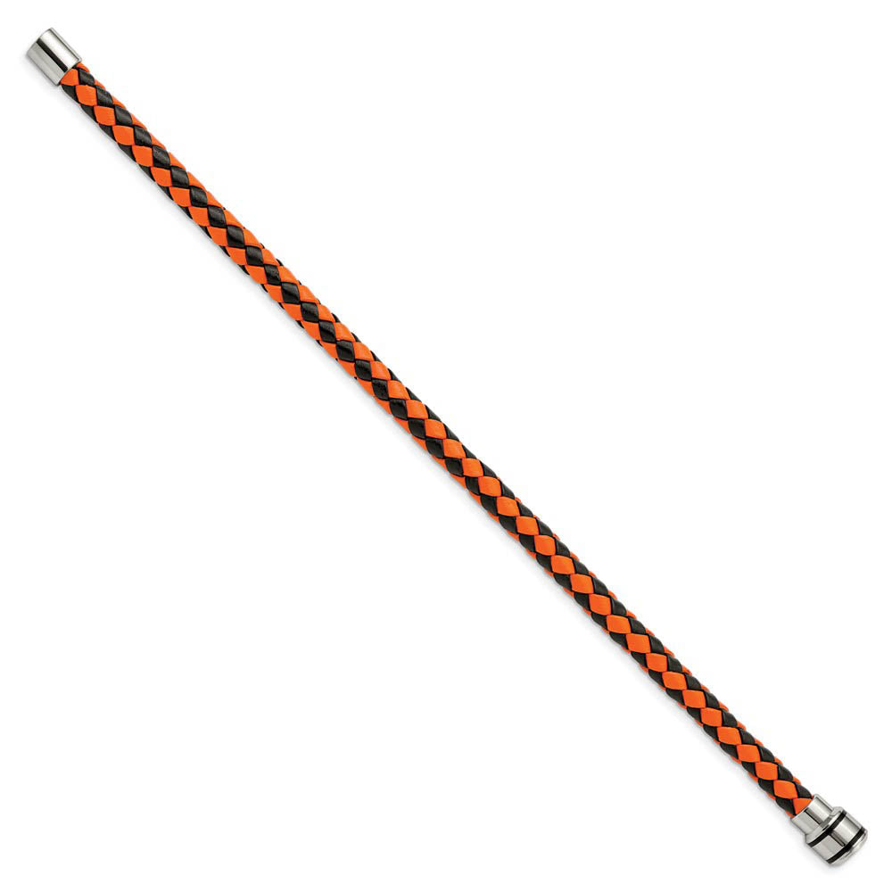 Alternate view of the Stainless Steel, Orange & Black Leather 7mm Woven Cord Bracelet, 9 In by The Black Bow Jewelry Co.