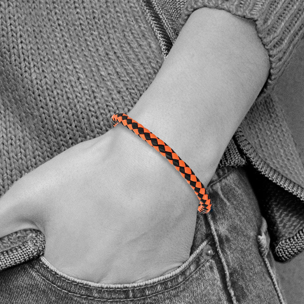 Alternate view of the Stainless Steel, Orange &amp; Black Leather 7mm Woven Cord Bracelet, 9 In by The Black Bow Jewelry Co.