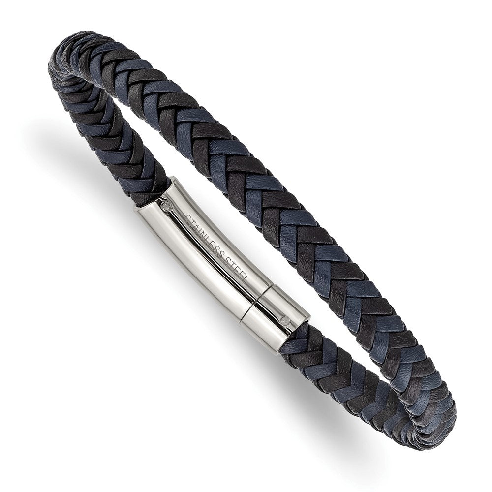 7mm Stainless Steel, Black &amp; Blue Braided Leather Bracelet, 8.25 Inch, Item B18555-BLU by The Black Bow Jewelry Co.