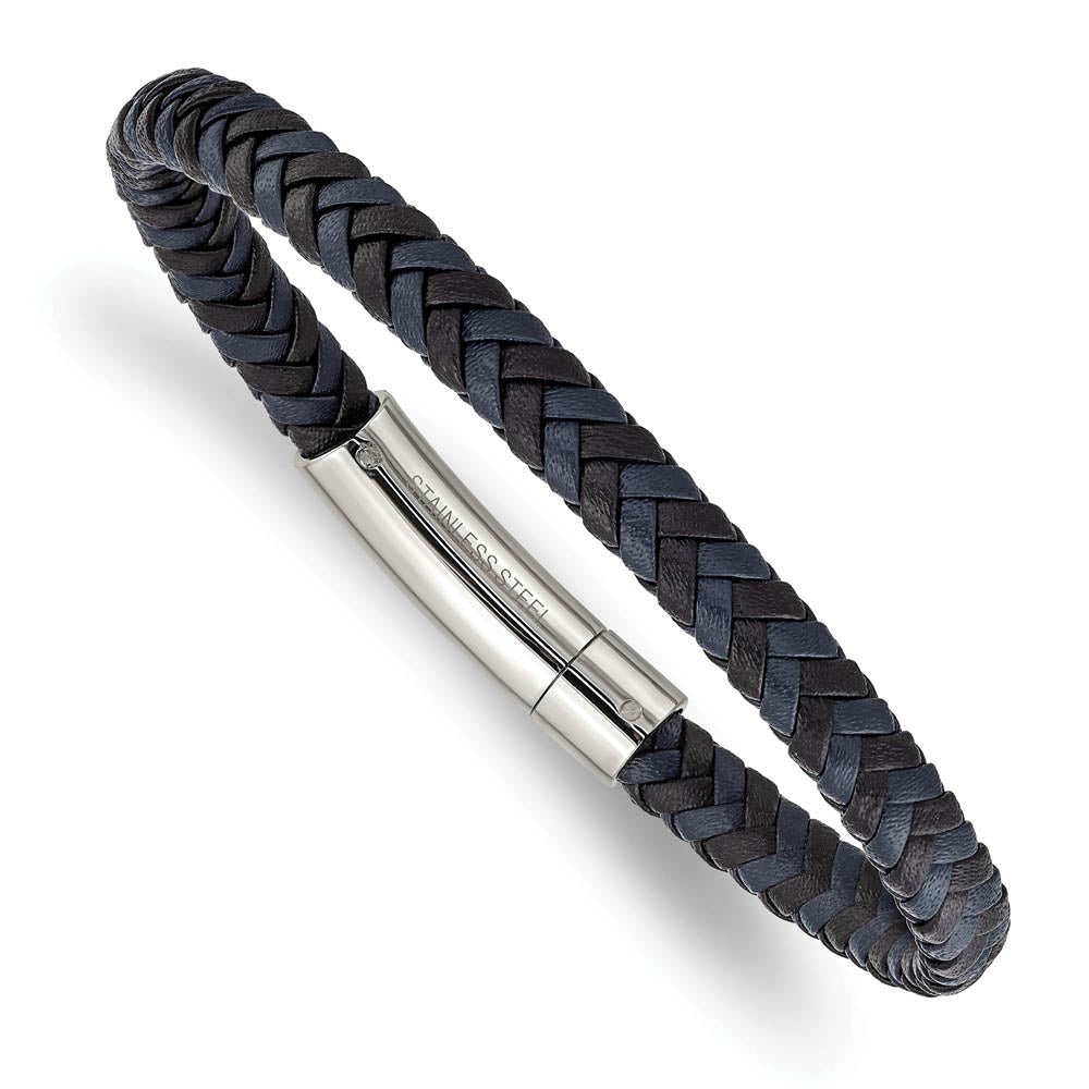 7mm Stainless Steel, Black & Blue Braided Leather Bracelet, 8.25 Inch, Item B18555-BLU by The Black Bow Jewelry Co.