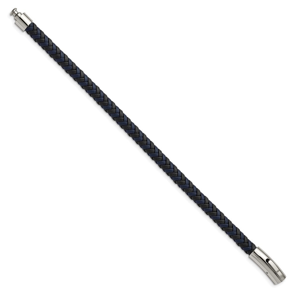 Alternate view of the 7mm Stainless Steel, Black &amp; Blue Braided Leather Bracelet, 8.25 Inch by The Black Bow Jewelry Co.
