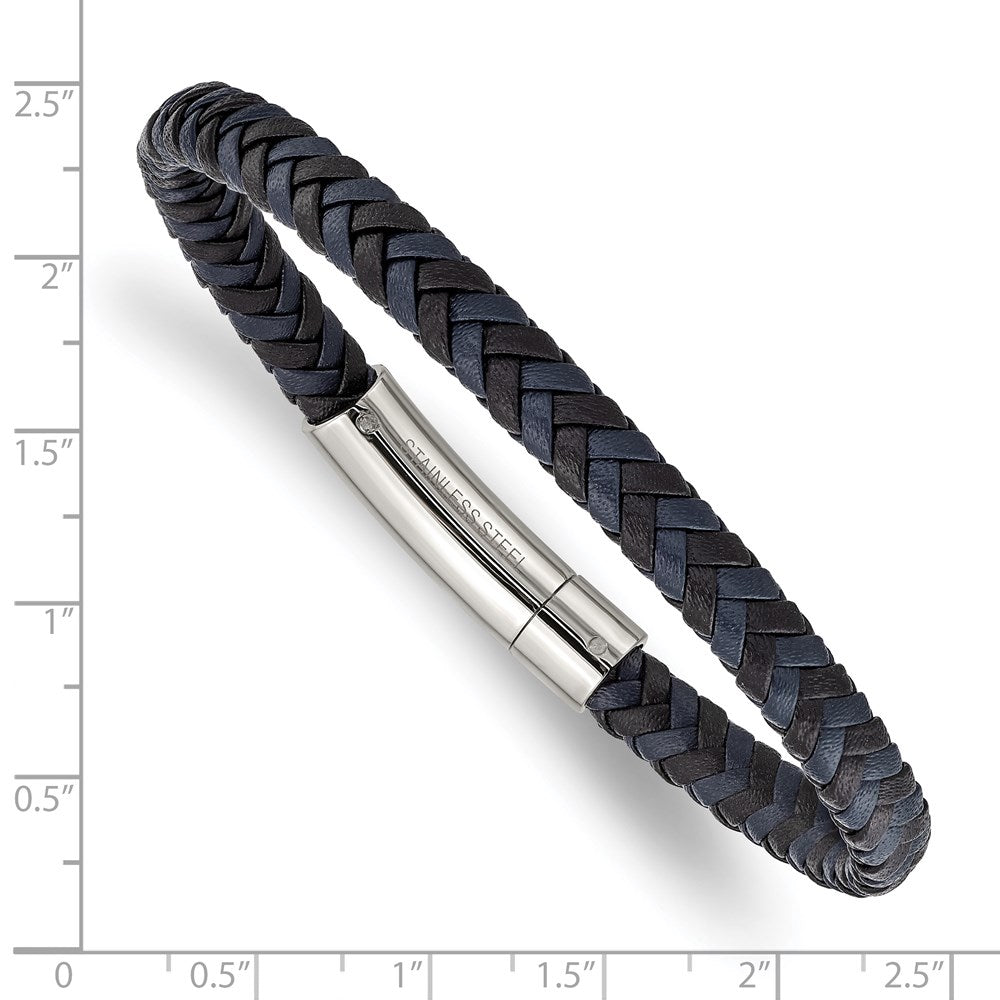 Alternate view of the 7mm Stainless Steel, Black &amp; Blue Braided Leather Bracelet, 8.25 Inch by The Black Bow Jewelry Co.