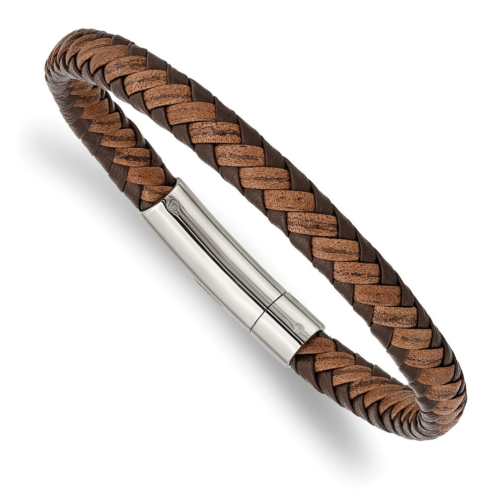 Alternate view of the 7mm Stainless Steel &amp; Two Tone Braided Leather Bracelet, 8.25 Inch by The Black Bow Jewelry Co.