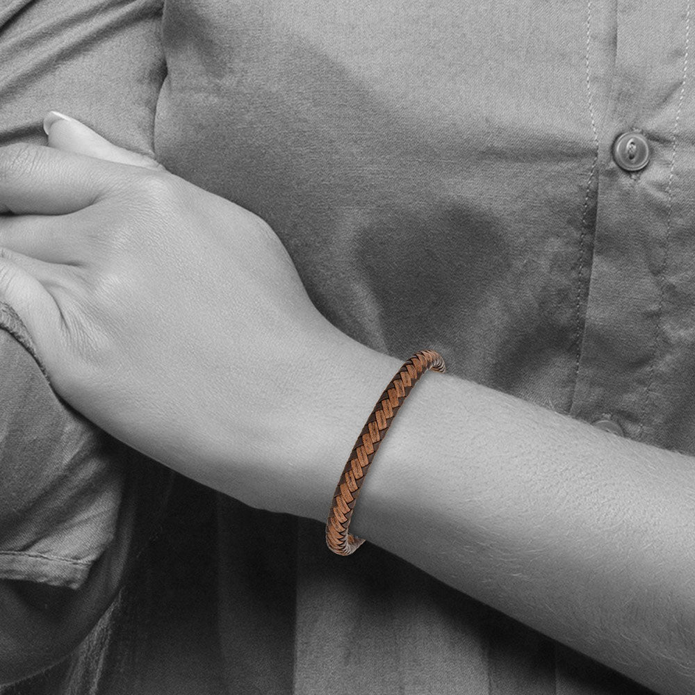 Alternate view of the 7mm Stainless Steel &amp; Two Tone Brown Braided Leather Bracelet, 8.25 In by The Black Bow Jewelry Co.