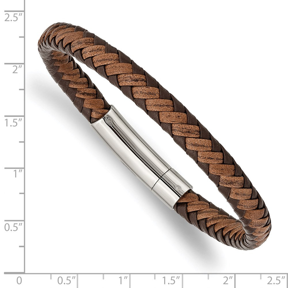 Alternate view of the 7mm Stainless Steel &amp; Two Tone Brown Braided Leather Bracelet, 8.25 In by The Black Bow Jewelry Co.