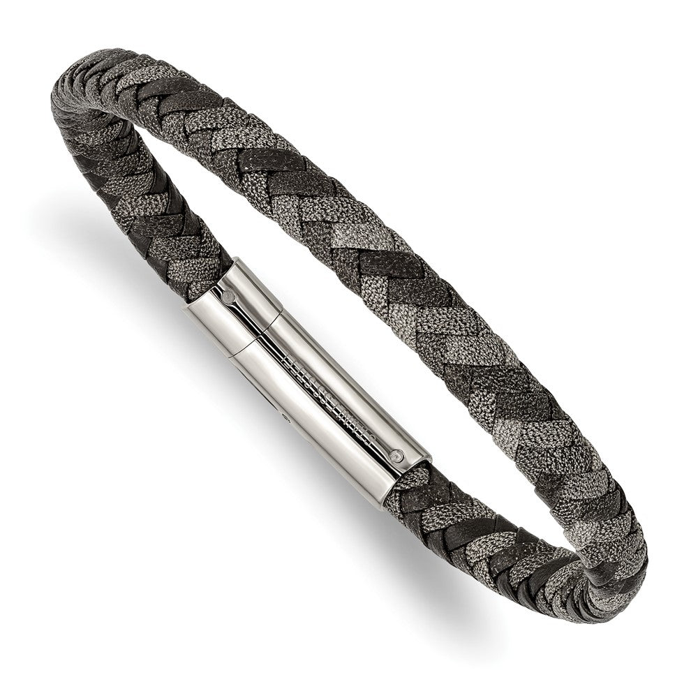 Alternate view of the 7mm Stainless Steel &amp; Two Tone Braided Leather Bracelet, 8.25 Inch by The Black Bow Jewelry Co.