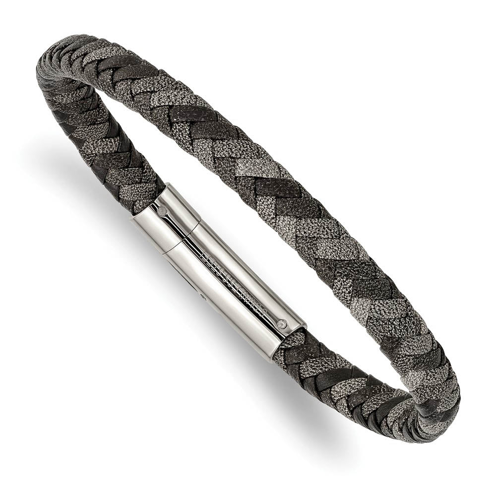Alternate view of the 7mm Stainless Steel & Two Tone Braided Leather Bracelet, 8.25 Inch by The Black Bow Jewelry Co.