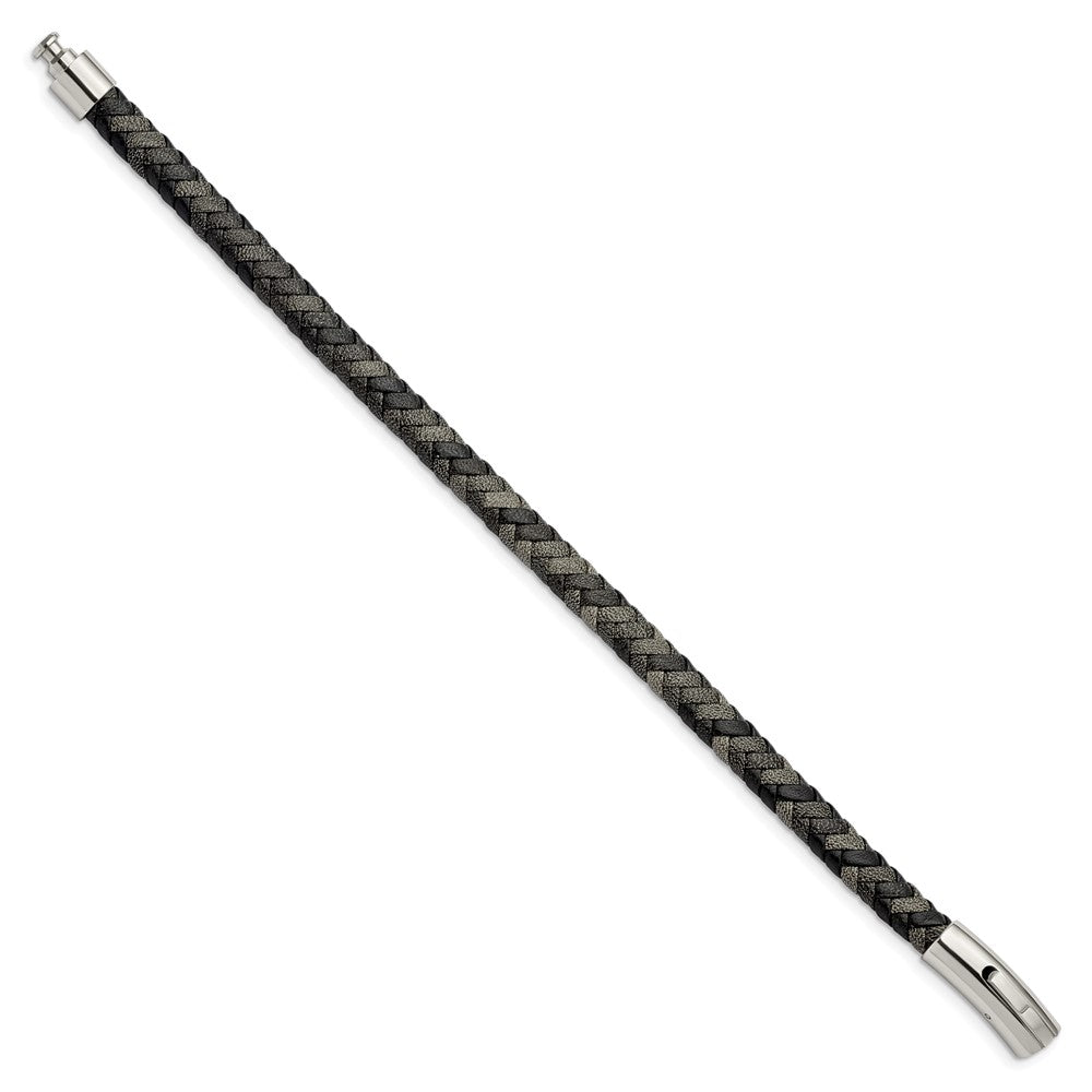Alternate view of the 7mm Stainless Steel, Black &amp; Gray Braided Leather Bracelet, 8.25 Inch by The Black Bow Jewelry Co.