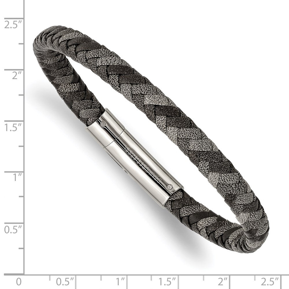 Alternate view of the 7mm Stainless Steel, Black &amp; Gray Braided Leather Bracelet, 8.25 Inch by The Black Bow Jewelry Co.