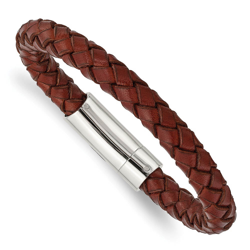 8mm Stainless Steel & Brown Leather Woven Bracelet, 8.5 Inch, Item B18556-BRN by The Black Bow Jewelry Co.
