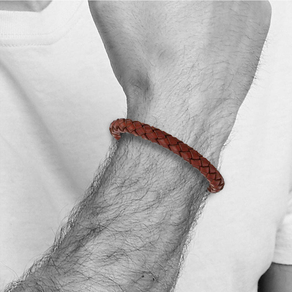 Alternate view of the 8mm Stainless Steel & Brown Leather Woven Bracelet, 8.5 Inch by The Black Bow Jewelry Co.