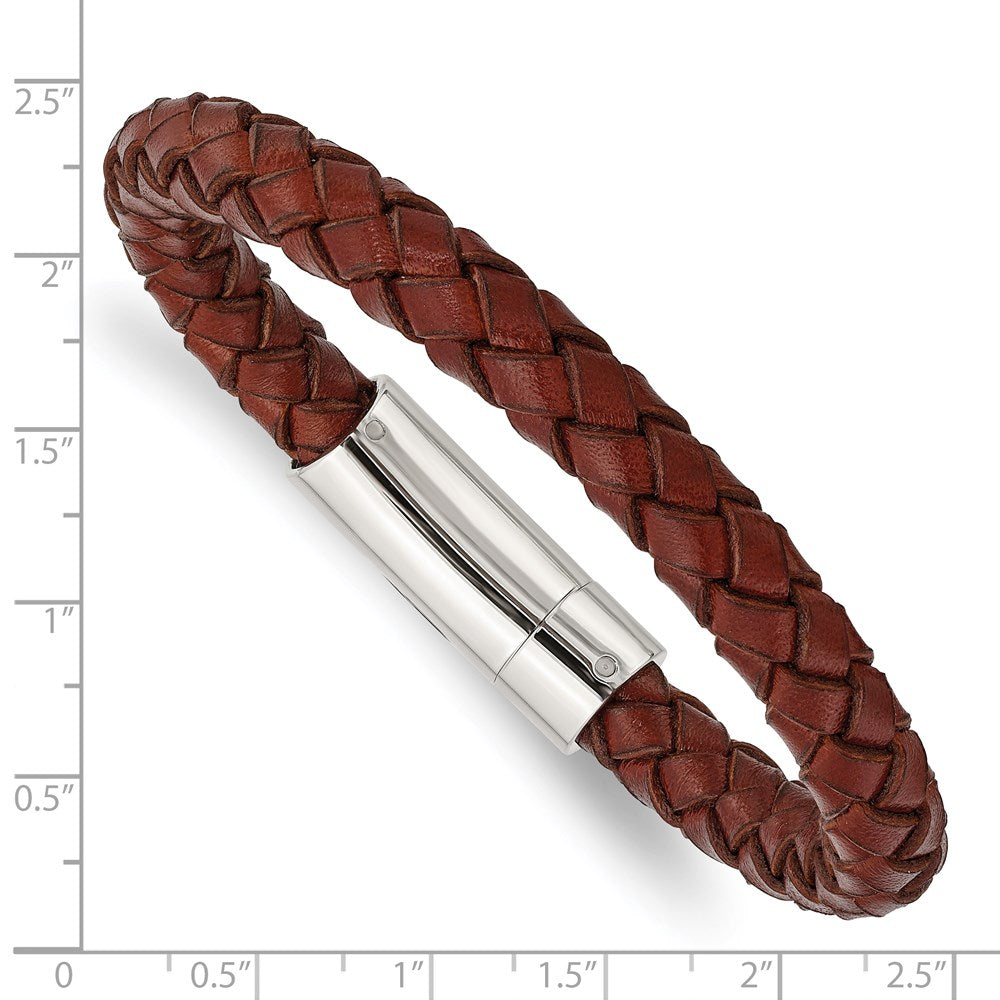 Alternate view of the 8mm Stainless Steel &amp; Brown Leather Woven Bracelet, 8.5 Inch by The Black Bow Jewelry Co.