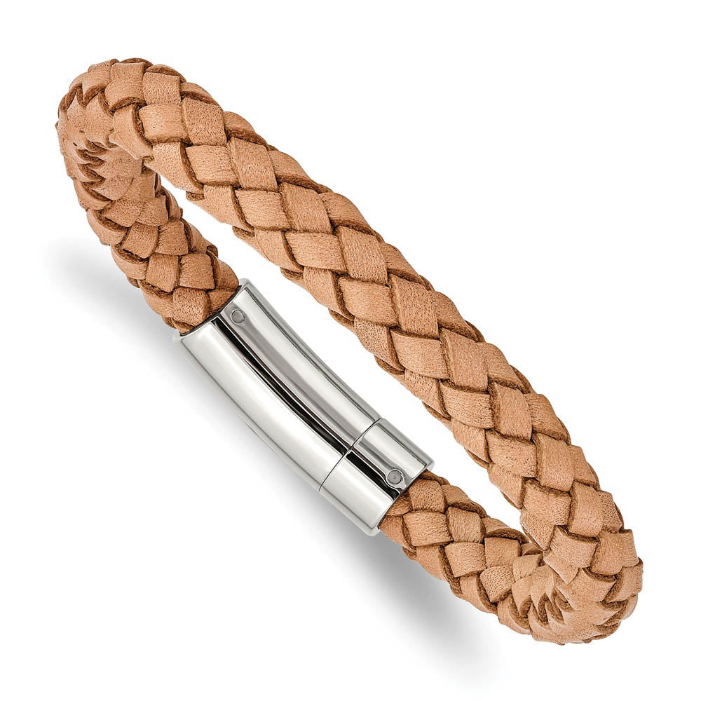 8mm Stainless Steel & Light Tan Leather Woven Bracelet, 8.5 Inch, Item B18556-TAN by The Black Bow Jewelry Co.