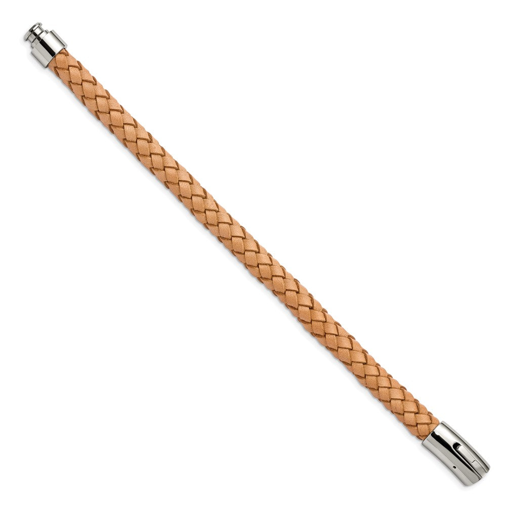 Alternate view of the 8mm Stainless Steel, Light Tan or Brown Leather Woven Bracelet, 8.5 In by The Black Bow Jewelry Co.