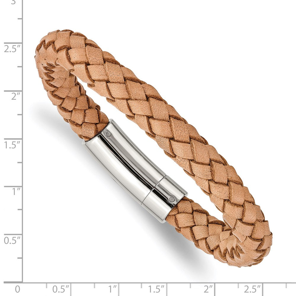 Alternate view of the 8mm Stainless Steel &amp; Light Tan Leather Woven Bracelet, 8.5 Inch by The Black Bow Jewelry Co.