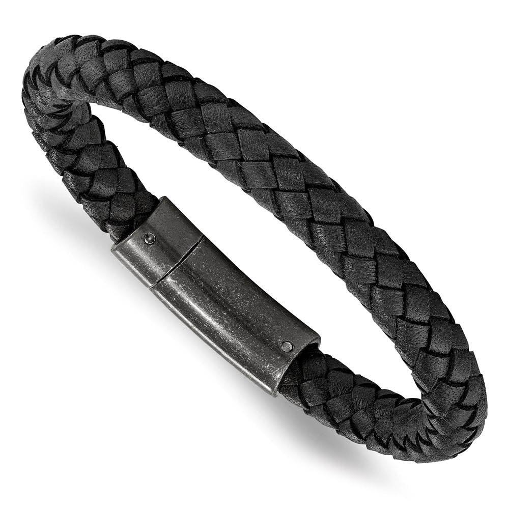 7.8mm Stainless Steel & Black Braided Leather Bracelet, 8.25 Inch, Item B18557-BLK by The Black Bow Jewelry Co.