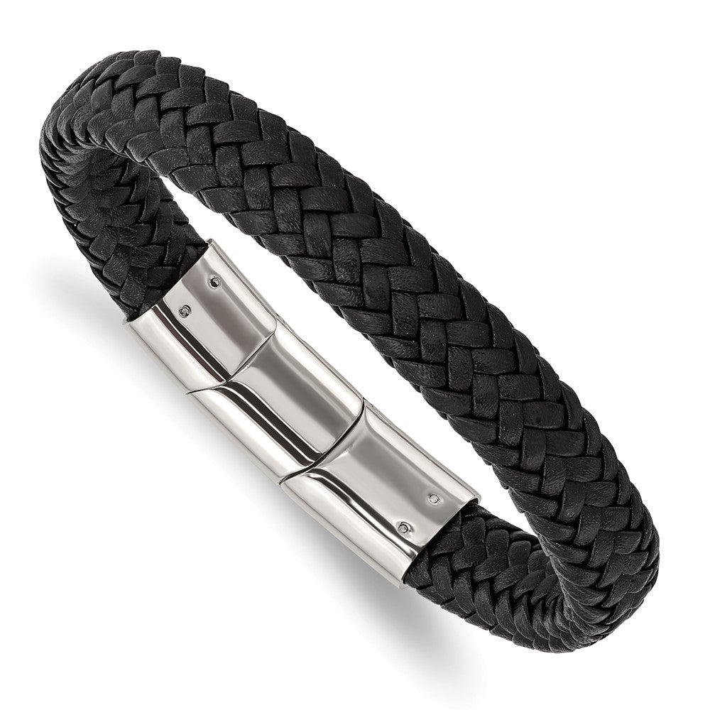 12mm Stainless Steel Black Woven Leather Adj Bracelet, 8 Inch, Item B18558-BLK by The Black Bow Jewelry Co.