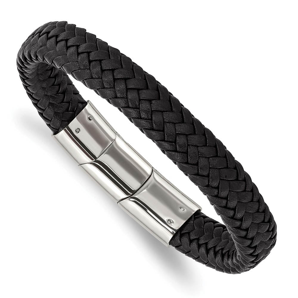 12mm Stainless Steel (Multiple Colors) Woven Leather Adj Bracelet 8 In, Item B18558 by The Black Bow Jewelry Co.