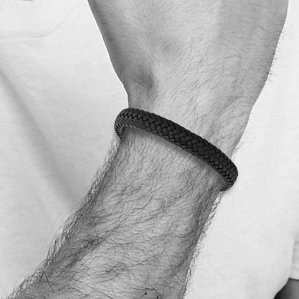 Alternate view of the 12mm Stainless Steel Black Woven Leather Adj Bracelet, 8 Inch by The Black Bow Jewelry Co.