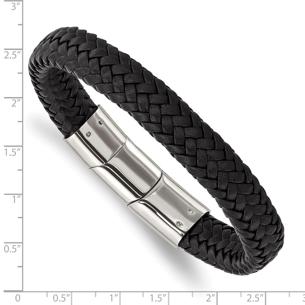 Alternate view of the 12mm Stainless Steel Black Woven Leather Adj Bracelet, 8 Inch by The Black Bow Jewelry Co.