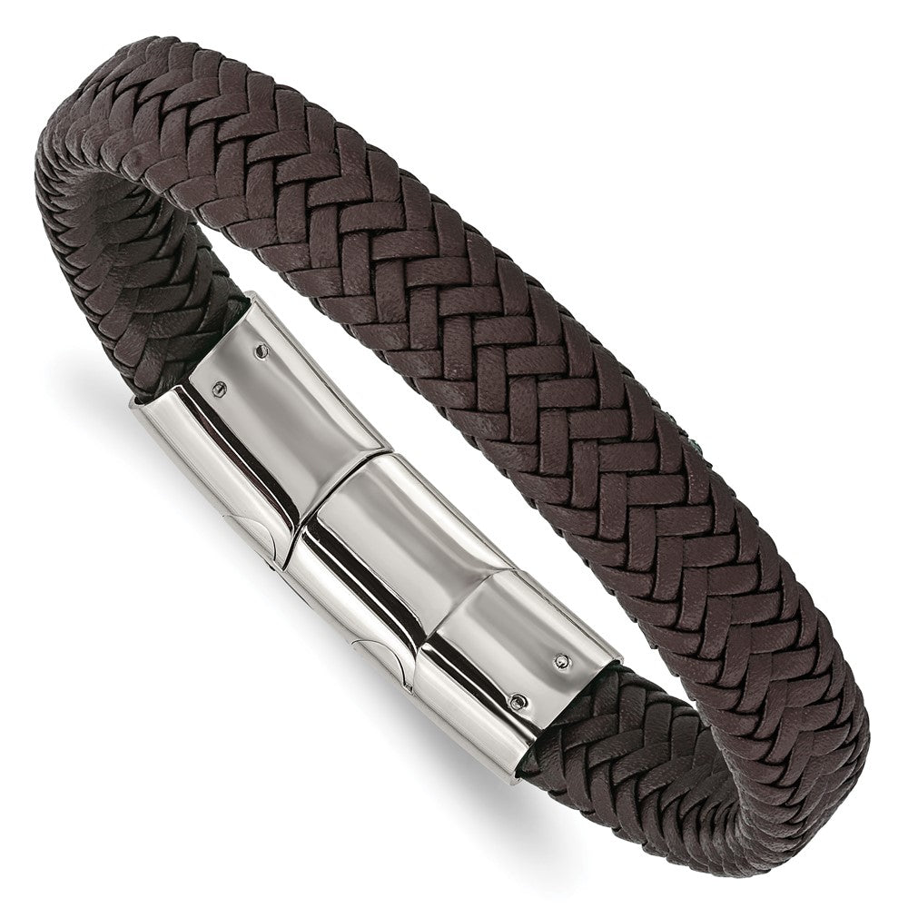 12mm Stainless Steel Brown Woven Leather Adj Bracelet, 8 Inch, Item B18558-BRN by The Black Bow Jewelry Co.