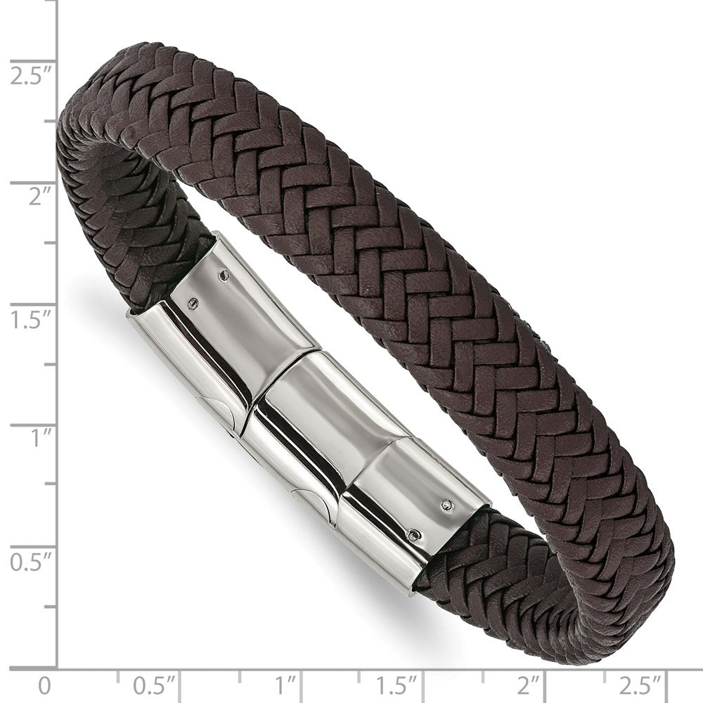 Alternate view of the 12mm Stainless Steel Brown Woven Leather Adj Bracelet, 8 Inch by The Black Bow Jewelry Co.