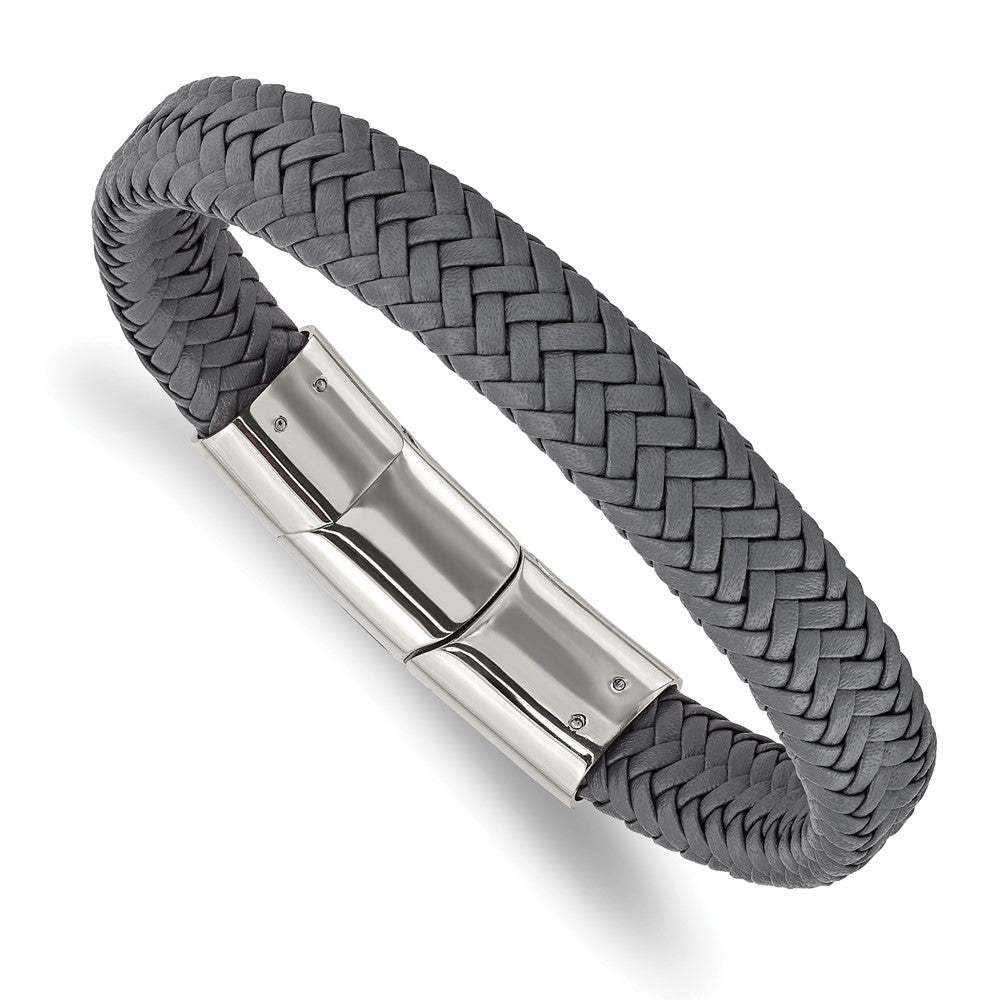 12mm Stainless Steel Gray Woven Leather Adj Bracelet, 8 Inch, Item B18558-GRY by The Black Bow Jewelry Co.
