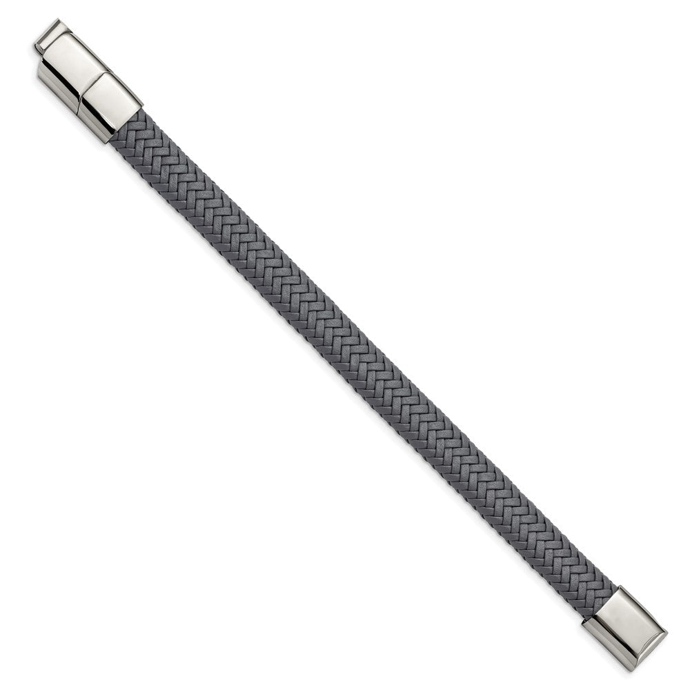Alternate view of the 12mm Stainless Steel Gray Woven Leather Adj Bracelet, 8 Inch by The Black Bow Jewelry Co.
