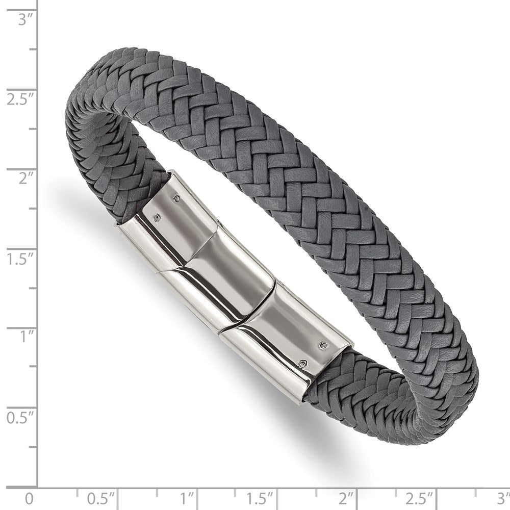 Alternate view of the 12mm Stainless Steel Gray Woven Leather Adj Bracelet, 8 Inch by The Black Bow Jewelry Co.