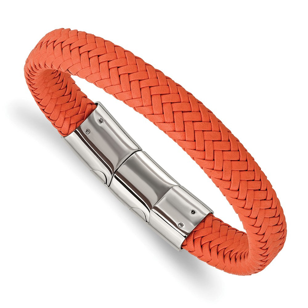 12mm Stainless Steel Orange Woven Leather Adj Bracelet, 8 Inch, Item B18558-ORG by The Black Bow Jewelry Co.