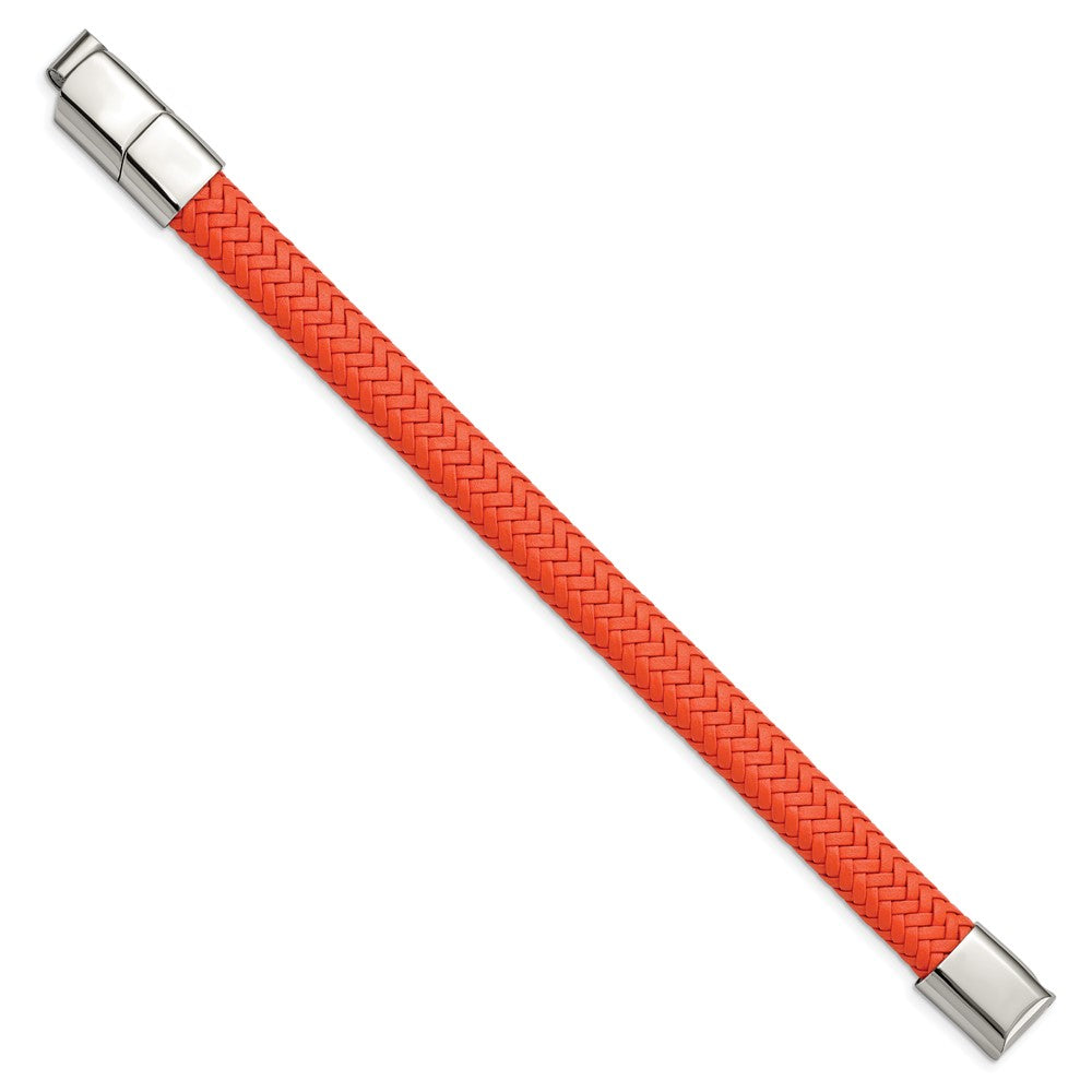 Alternate view of the 12mm Stainless Steel Orange Woven Leather Adj Bracelet, 8 Inch by The Black Bow Jewelry Co.