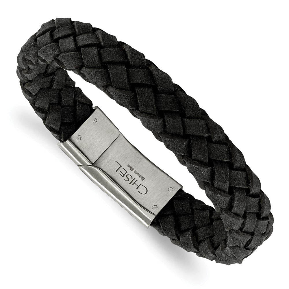 12.5mm Stainless Steel & Black Leather Braided Bracelet, 8.25 Inch, Item B18560-BLK by The Black Bow Jewelry Co.
