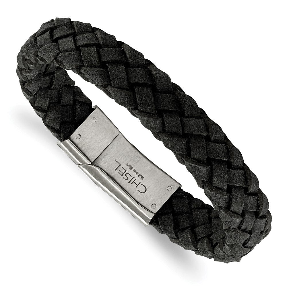 12.5mm Stainless Steel &amp; Black Leather Braided Bracelet, 8.25 Inch, Item B18560-BLK by The Black Bow Jewelry Co.