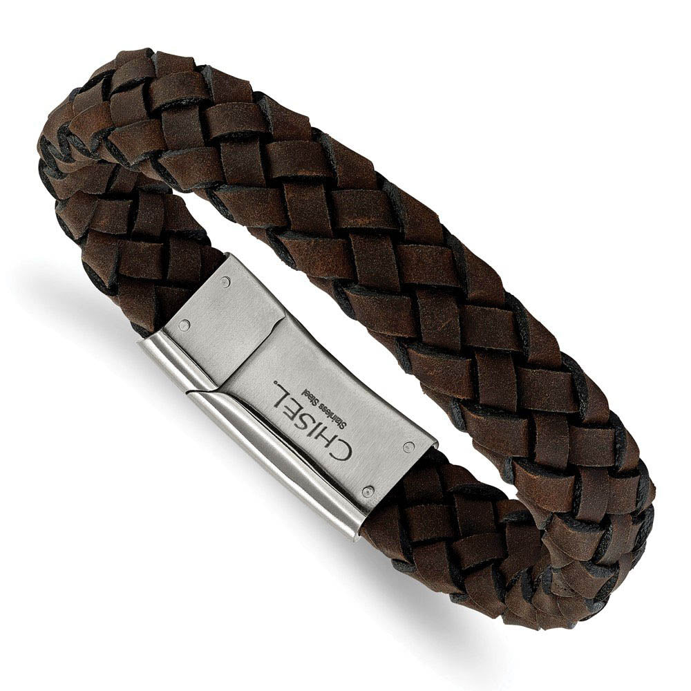 12.5mm Stainless Steel & Brown Leather Braided Bracelet, 8.25 Inch, Item B18560-BRN by The Black Bow Jewelry Co.