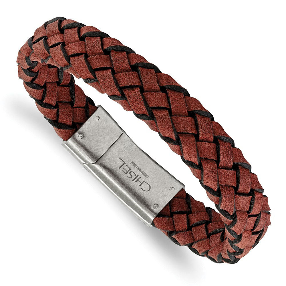 Alternate view of the 12.5mm Stainless Steel Black, Brown or Red Leather Bracelet, 8.25 Inch by The Black Bow Jewelry Co.