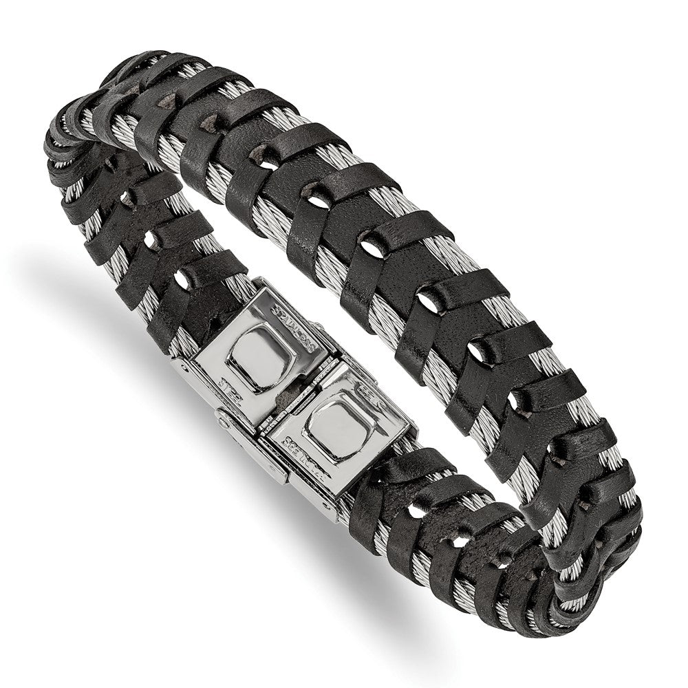 Men&#39;s 12.5mm Stainless Steel Cable &amp; Black Leather Bracelet, 8.25 Inch, Item B18561-BLK by The Black Bow Jewelry Co.