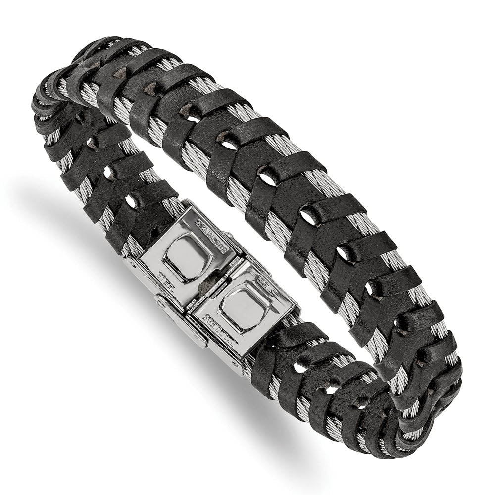 Men's 12.5mm Stainless Steel Cable & Black Leather Bracelet, 8.25 Inch, Item B18561-BLK by The Black Bow Jewelry Co.