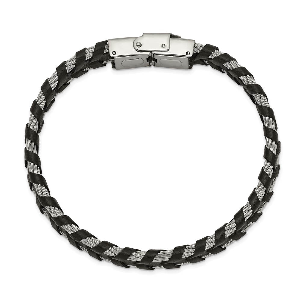 Alternate view of the 12.5mm Stainless Steel Cable & Black or Brown Leather Bracelet, 8.25in by The Black Bow Jewelry Co.