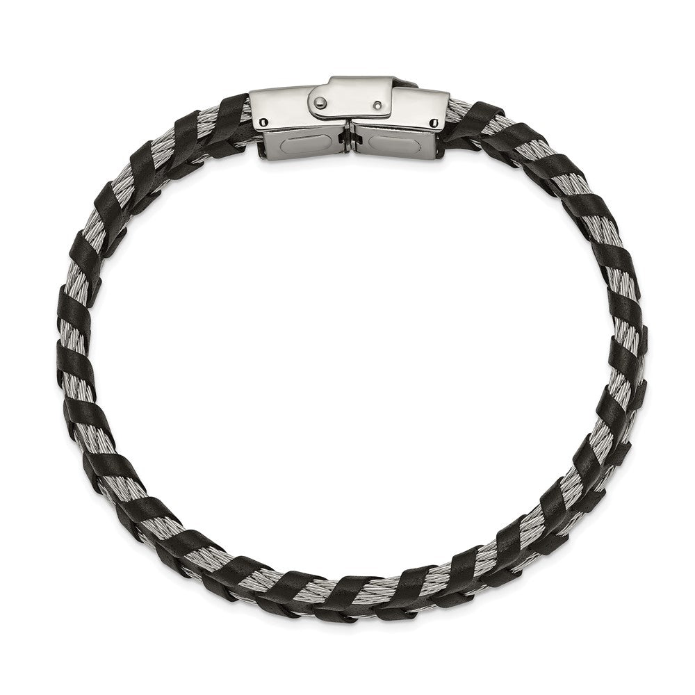 Alternate view of the 12.5mm Stainless Steel Cable &amp; Black or Brown Leather Bracelet, 8.25in by The Black Bow Jewelry Co.